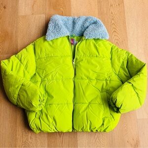 Urban Outfitters Lime Puffer Jacket with Blue Sherpa Collar